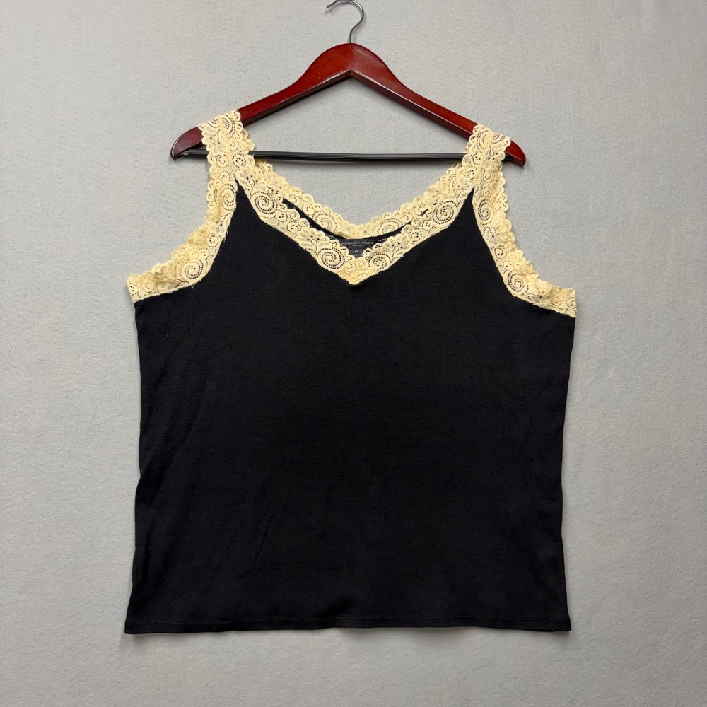 August Silk Tank Top Womens 1X Black Lace Trim Beaded V-Neck Ribbed Vintage Y2K